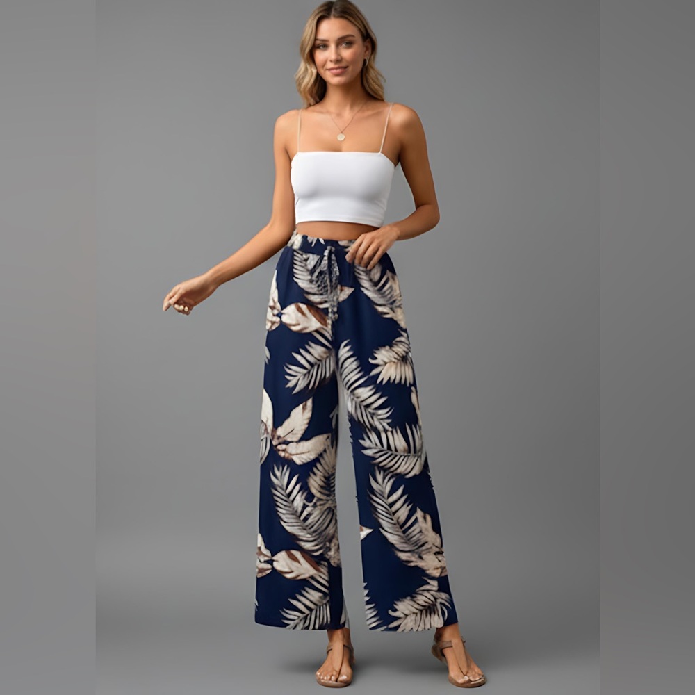 Boho Plant Print Knot Front Wide Leg Pants Blue - Picture 2 of 7